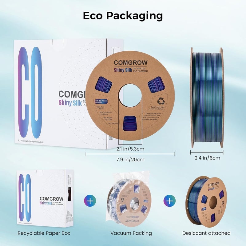 Comgrow Tri-Colors Silk PLA 3D Printer Filament, Rainbow PLA Filament 1.75mm, Dimensional Accuracy +/- 0.02 mm, 1KG Spool, Coextrusion 3D Filament with Shiny Silk Red-Blue-Green - Image 4